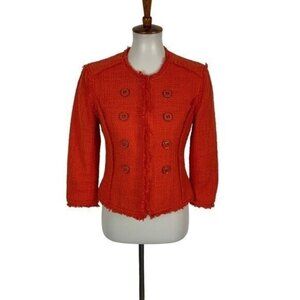 Jacqueline Riu Red Boucle Double Breasted Jacket Blazer Frayed Trim Button 36